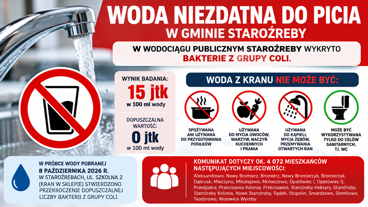 Woda niezdatna do picia w gminie Staroźreby. Sanepid wykrył bakterie coli